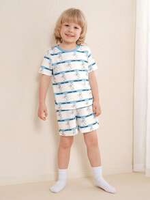 LOONEY TUNES X SHEIN Young Boys Crew Neck Short Sleeve Cute Print Pajama Set, Summer - Blue and White - View 4