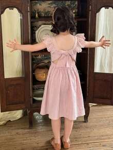 LMoss Kids 女童纯色方领荷叶边下摆休闲连衣裙 - 淺粉色 - 查看 7