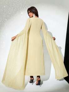 Viva Relle Plus Size Elegant Waist Cinching Split Sleeve Dress, Autumn - Light Yellow - View 3