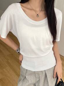 DAZY Áo thun nữ tay ngắn, màu trơn, dáng ôm, mỏng nhẹ, thích hợp mặc mùa hè. - trắng - Xem 4