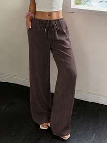 Easowa Women's Striped Tie-Waist Straight Leg Loose Casual Pants - Brown - View 4
