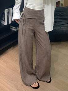 Easowa Quần ống rộng dáng suông xếp ly thắt nơ dành cho nữ, chất liệu vải dệt đặc biệt, phong cách thường ngày thanh lịch, thích hợp mặc công sở mùa xuân/hè. - Cà phê nâu - Xem 9