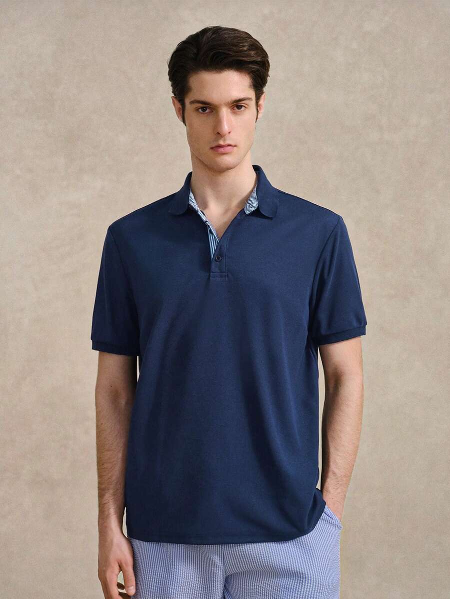 Courvante 男士條紋短袖休閒通勤 Polo 衫,適合網球高爾夫,字母條紋皇家藍,附口袋,透氣,標準版型 - 寶藍色 - 查看 1