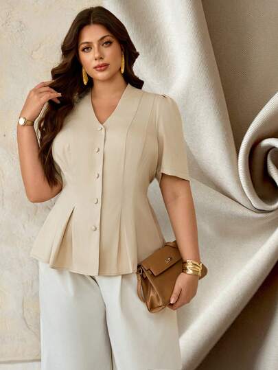 Roveilla Plus Size Women's Solid V-Neck Button-Up Collared Shirt With Waist Cinching, Ruffle Hem, And Bow Tie Back Detail, Apricot Color, Elegant Vintage French Office/Casual/Beach/Afternoon Tea/Street Style, Versatile Spring/Summer New Arrival