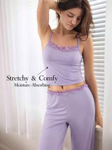 Ocili 2 piezas Conjunto de pijama con camiseta de encaje y pantalón de cordón suave y cómodo, minimalista para mujer - Morado - Ver 1