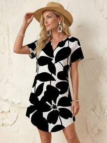 SHEIN LUNE Đầm ngắn dệt kim cổ chữ V tối giản, phong cách thường ngày dành cho nữ, thích hợp cho kỳ nghỉ xuân/hè, kiểu dáng thanh lịch, thoải mái. - Nhiều màu - Xem 4