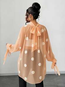 Maweii Plus Size Elegant Sheer Polka Dot Mock Neck Loose Cuffed Bow Tie Cuff Long Sleeve Blouse - Cream - View 3