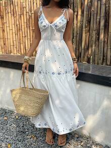 SHEIN SunnyBelle Đầm không tay cổ chữ V in họa tiết xanh trắng, phong cách thường ngày dành cho nữ, thích hợp cho kỳ nghỉ xuân/hè. - Xanh và trắng - Xem 5