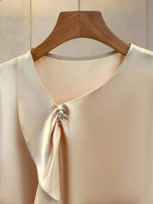Lyxana Women's Solid Color Faux Pearl Decor Asymmetric Collar Puff Sleeve Elegant Blouse - Apricot - View 5