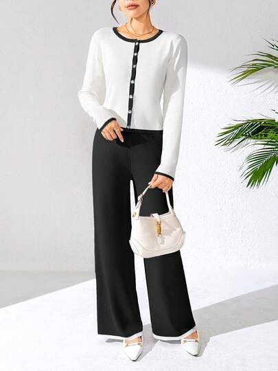 Conjunto de 2 piezas para mujer punto de tejido bicolor elegante de moda ligero para uso en formal o casual