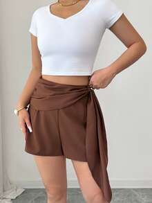 SHEIN Elenzya Waist-Cinching Elegant Romantic Refined Women Shorts - Coffee Brown - View 4