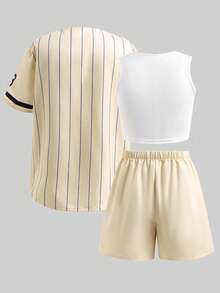 Sparklyn 三件套少女时尚运动套装 - 黑色条纹复古字母印花宽松外套衬衫、白色修身吊带背心、黄色短裤 - 卡其色 - 查看 2