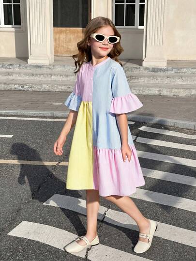 SHEIN 青少年女孩度假休闲梭织拼布衬衫裙