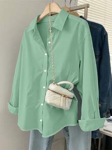 Franclia Plus Size Women's Solid Color Single-Breasted Casual Versatile Daily Wear Long Sleeve Shirt Fall - Green - View 3