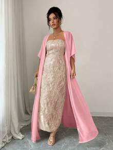 Elenzga 2025 Spring/Summer High-End Minimalist Blue Strapless White Shawl Collar Dress - Pink - View 3