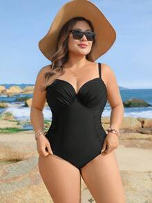 Swim Lushoire 2026 New Spring & Summer Plus Size Women Solid Color Ruched Tummy Control Casual Vacation Beach Pool Swimsuit Set - Black - View 5