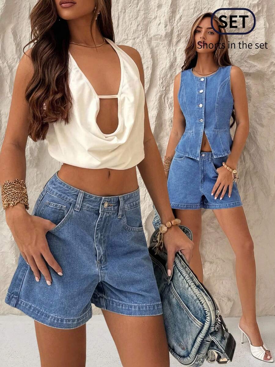 TRNVIE Women's Casual Loose Fit Denim Shorts With Pockets - Medium Wash - View 1