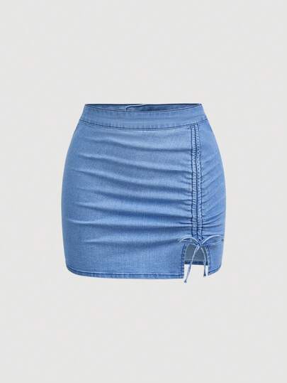 Rivivi Women's Knotted Ruched Versatile Date Night Casual Denim Mini Skirt