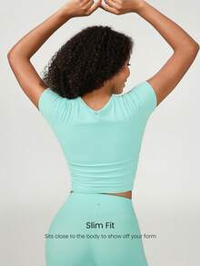 GLOWMODE FeatherFit™ Focus Drawstring Pleated Short Sleeve Tee Light Support Low Impact Yoga Pilates Studio Gym - Mint Blue - View 2