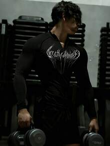 RISE LYT 男士字母印花立领长袖运动T恤 - 黑色 - 查看 3