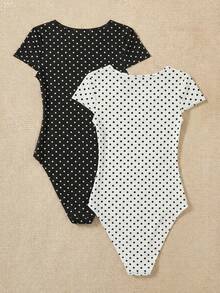 SHEIN EZwear 两件套女士方领复古波点连体衣，杜卡迪圆点图案，休闲简约风，适合夏季穿着 - 彩色 - 查看 2