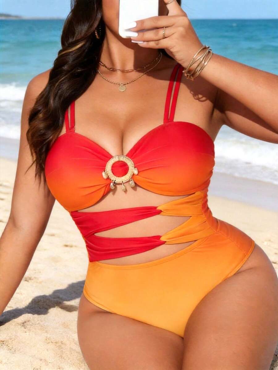 Swim Lushoire 大码女士度假撞色圆环镂空设计连体泳衣 - 彩色 - 查看 1