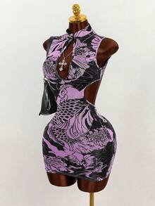 Mistrie Summer Vintage Dragon Print Sheer Mesh Hollow Out Chinese Collar Cheongsam Style Dress For Women,Purple Trashy Y2K Club Night Bodycon Dresses - Mauve Purple - View 4