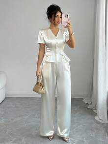 Selianne Women's V-Neck Shirt With Gold Button Decor And Women's Pants, Elegant 2 Pieces Set - Apricot - View 5