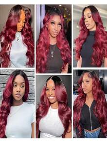 13x4 波浪卷蕾丝前假发，真人发，预先拔毛，1B 酒红色蕾丝前假发，真人发，带婴儿发，1B/99J，180 密度 - S1B/99J - 查看 6