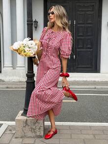 Pariaura 女士格子系带休闲约会派对连衣裙 - 紅色 - 查看 4