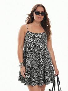 Solavibe Plus Size Leopard Print Casual Sleeveless Dress For Women, Summer/Autumn - Dark Grey - View 4