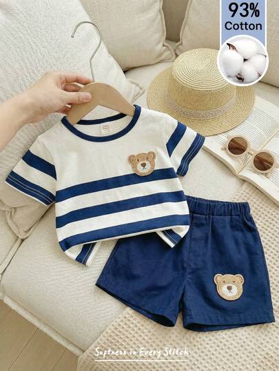 Cozy Pixies 2pcs Baby Boy Cartoon Bear Striped Round Neck Short Sleeve Top And Elastic Waist Shorts Set Baby Boy Set Summer Cute Casual Knitted Top And Short Set Bear Outfit Boy Casual Toddler Set Boy Clothes 2 Pcs Set