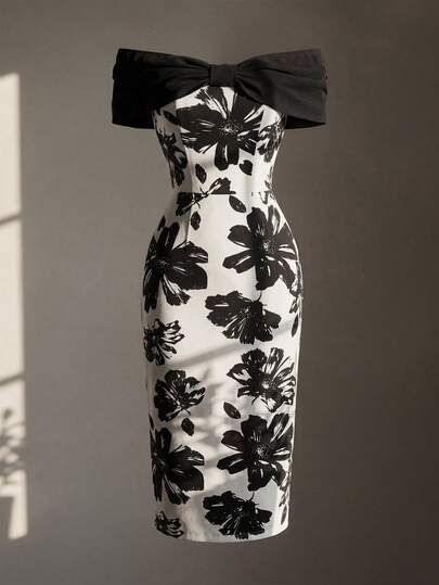 Endroma Off Shoulder Bow Contrast Color Waist Fitted Floral Print Fabric Elegant Romantic Minimalist Women Dress