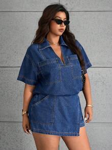 SHEIN ICON Jaket Denim Kasual Ukuran Besar, Musim Panas - Medium Wash - View 5