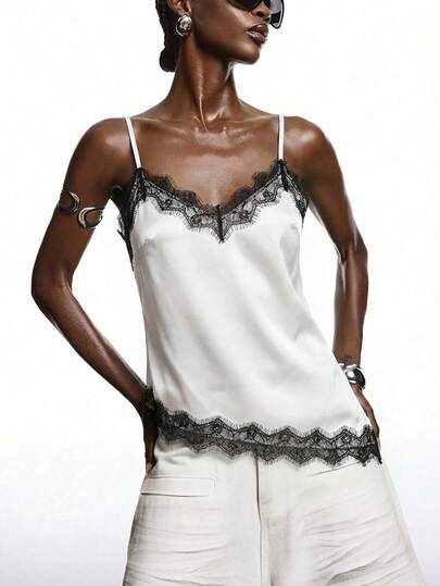 LYSMO Women's Lace Patchwork Casual Versatile Daily Wear Camisole Top,Summer Top