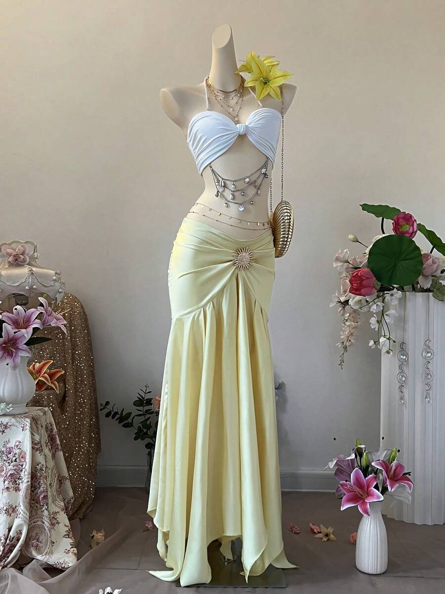 Chân váy nữ ôm sát eo thấp, vạt bất đối xứng. - Màu vàng - Xem 1