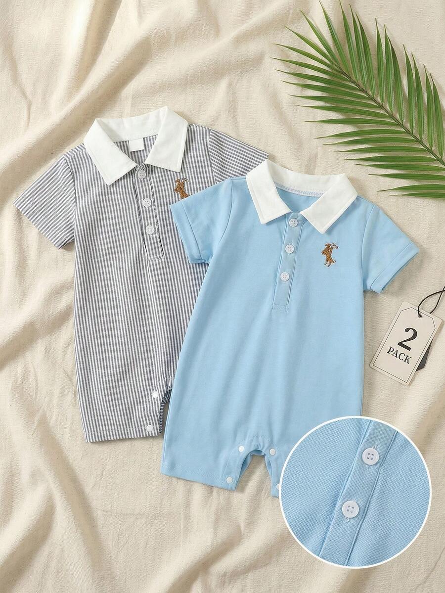 Baby Boy Knight Embroidery Short Sleeve Casual Polo Collar Romper - Multicolor - View 1