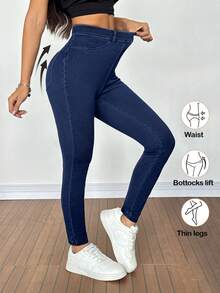 SHEIN Tall 女士夏季休闲高腰紧身牛仔裤，深蓝色弹力提臀收腹修身牛仔裤，带口袋，适合日常和街头穿搭。女士弹力腰紧身休闲牛仔裤。 - 深色水洗藍 - 查看 2