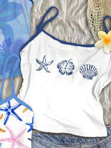 3pcs/Set Tween Girls' Chill Vacation Style Tropical Hibiscus, Blue Hibiscus, Blue Starfish & Seashell Print Camisole Tops, Suitable For Summer Vacation, Outing, Cozy Spring And Summer Styles - Multicolor - View 5