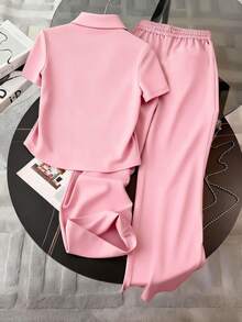 Resyla Embroidered Minimalist Polo Collar T-Shirt + Pants Set, Gift For Friends - Dusty Pink - View 2