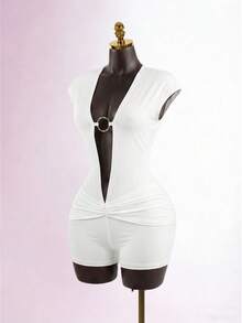 Lyxana Women's Sexy Hollow Metal Buckle Deep V-Neck Bodycon Romper, Summer - White - View 3