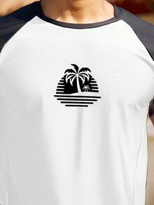 CoralVoy Conjunto de traje de baño casual de vacaciones de playa con estampado de palmeras, de manga larga y pantalones cortos para hombre - Multicolor - Ver 3