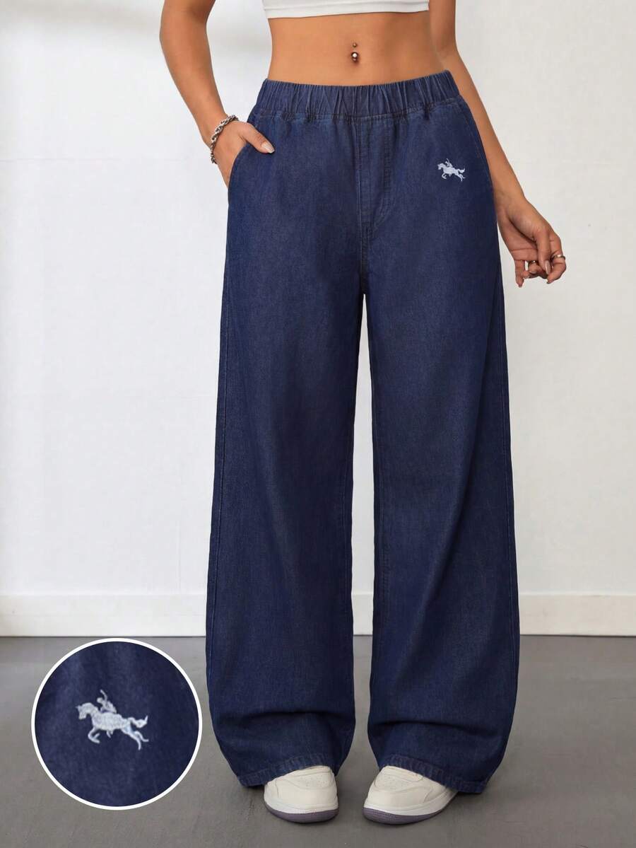 SHEIN Tall Summer Tall Women's Casual Daily Plus Size Elastic Waist Wide Leg Denim Pants For Women Embroidered Loose Casual Jeans Cowgirl Embroidered Elastic Waist Loose Denim Jeans - Black - View 1