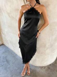 Modelyn 性感优雅蕾丝边饰露背缎面不对称连衣裙 - 黑色 - 查看 6