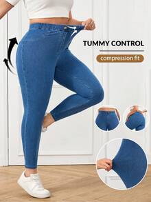 SHEIN Tall CURVE Quần jean skinny cạp cao ôm sát, co giãn, màu xanh denim dành cho nữ cỡ lớn, có túi, thích hợp cho thể thao và du lịch. Quần jean cạp cao ôm sát, dáng suông, dành cho nữ cỡ lớn, đã qua xử lý giặt, dành cho nữ. - Rửa trung bình - Xem 2