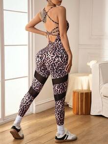 Slayform Women's Leopard Print Casual Fitness Jumpsuit Leopard Active Wear Leopard Print Workout Set Animal Print Workout Set Cheetah Print Workout Set - Multicolor - View 4