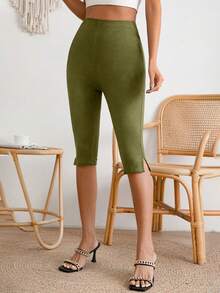 KOHE Solid Split Hem Capri Leggings - 橄欖綠 - 查看 6