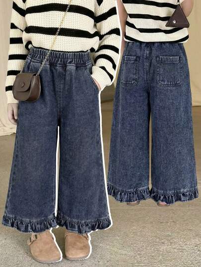 Genkimix Kids Jeans casuales minimalistas de unicolor para niñas (talla pequeña)