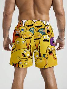 ZELFYO 男士抽绳腰卡通印花休闲沙滩短裤 - 黃色 - 查看 2