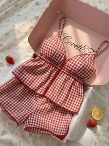 CovetEZ Conjunto informal de 2 piezas de mujer con camiseta de tirantes a cuadros y shorts, para verano - Rojo y blanco - Ver 4